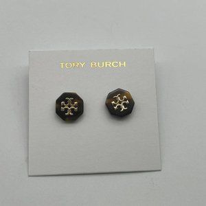 Tory Burch Octagon Brown Mixed Stone and Gold Signature Stud Earrings
